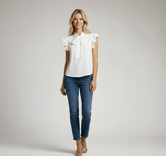 Lina | Ruffled sleeveless chiffon blouse with bow